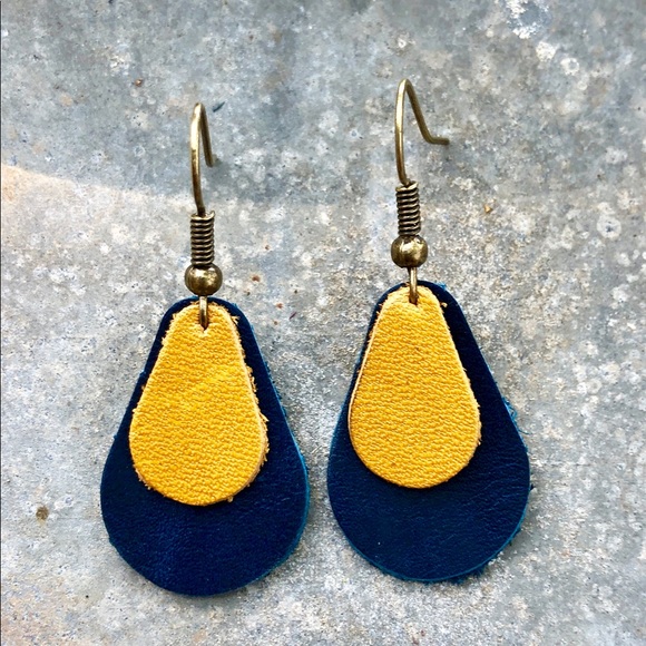 handmade Jewelry - Fall Gold ,Blue leather teardrop leather earrings